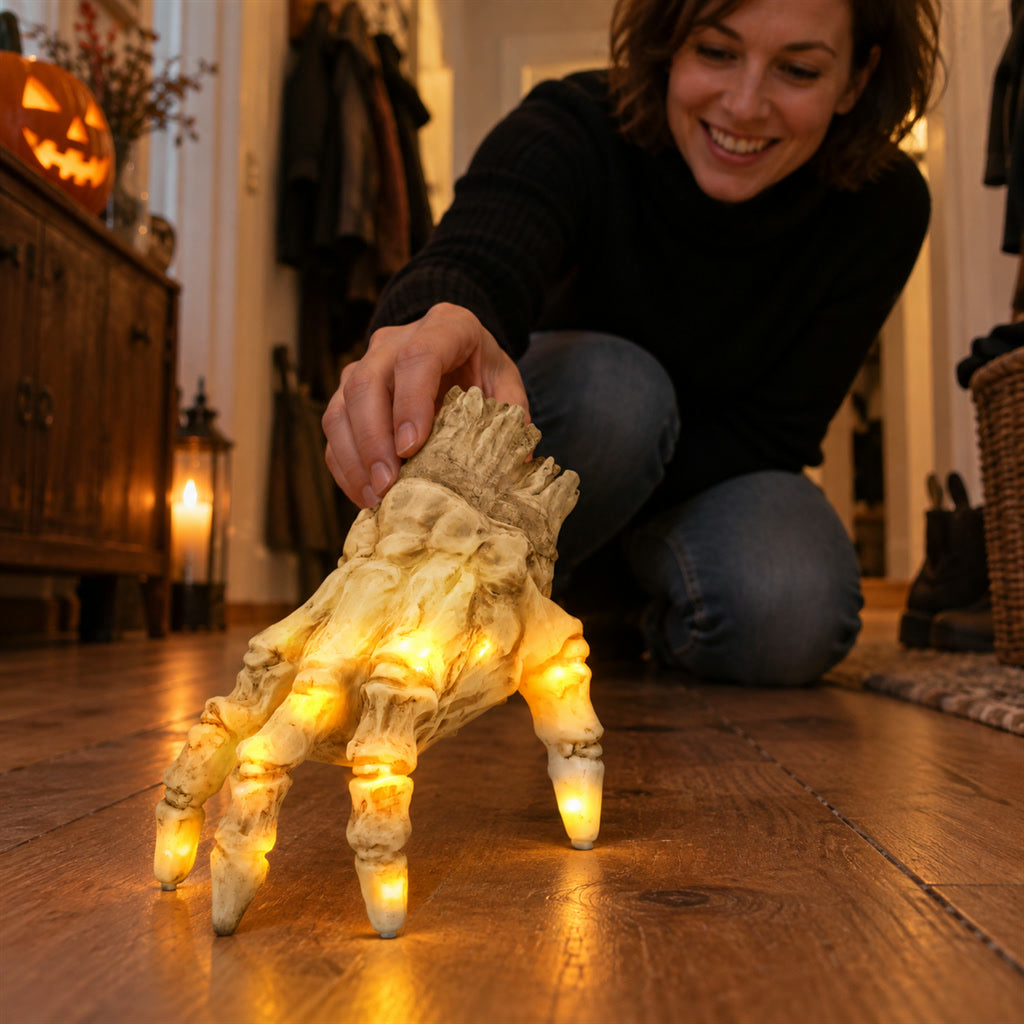 Krabbelnde Skeletthand mit Licht und Sound als Halloween-Deko für Veranda und Party – ca. 17 × 13 × 18 cm, Bewegungsmelder, Latex und Kunststoff