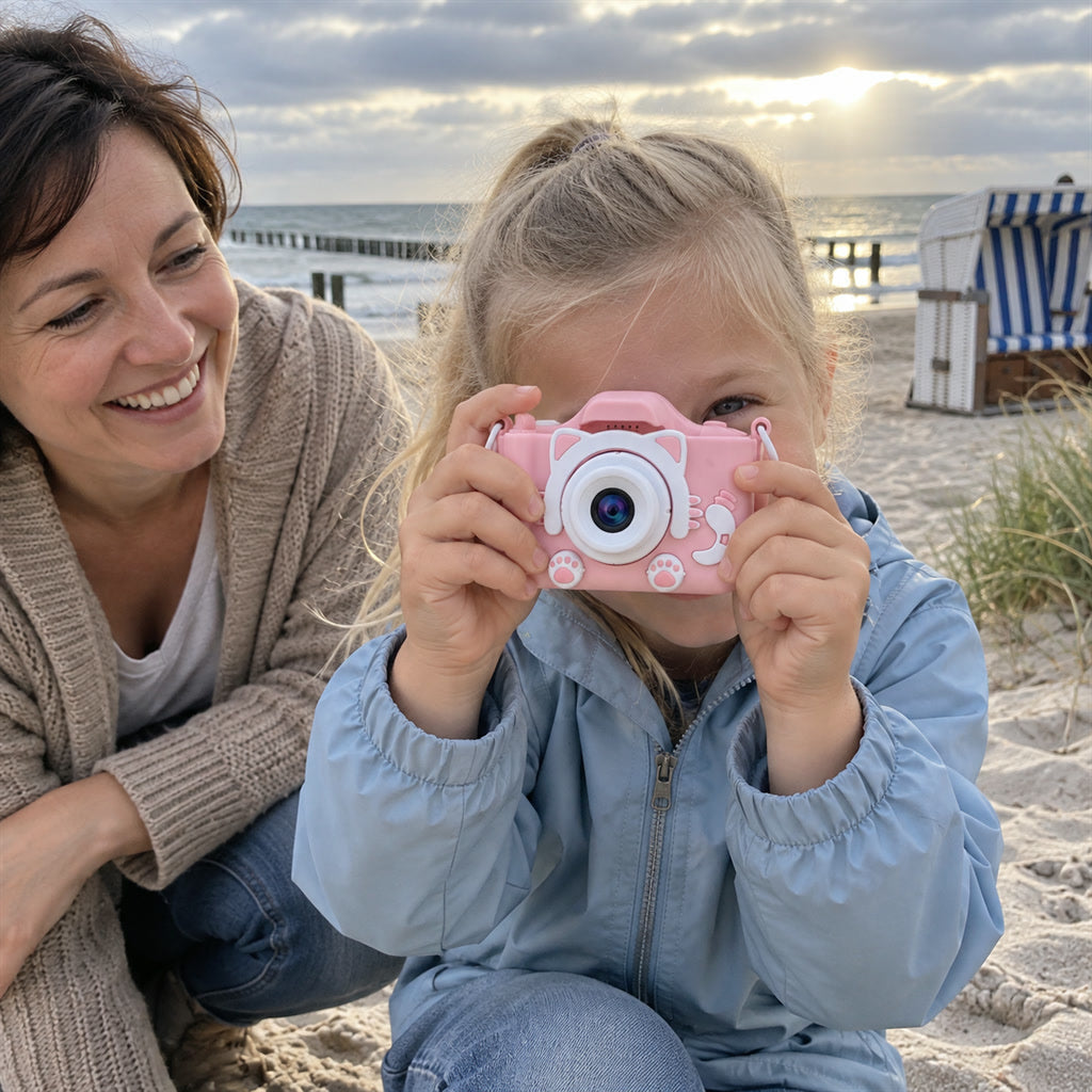 Digitalkamera für Kinder mit Front- und Rückkamera für Fotos und Videos – 1080p, 2-Zoll-Bildschirm, 8-fach-Zoom, Akku, 3 Motive