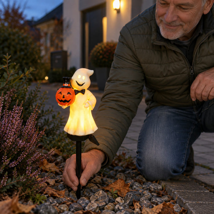 Solar-Gartenstecker als Kürbis oder Geist für Halloween-Deko in Garten und Einfahrt – 42 × 8,5 cm, IP44, 6 bis 8 h Leuchtdauer