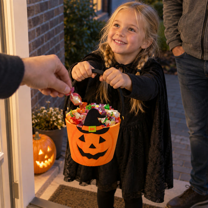 Halloween-Süßigkeiteneimer aus Vliesstoff für Kinder für Süßes-oder-Saures und Party – ca. 19 bis 24,5 cm hoch, Henkel, 4 Motive