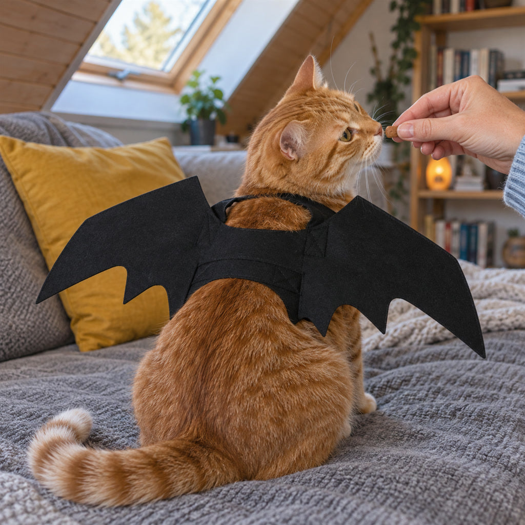 Fledermausflügel aus Filz als Halloween-Kostüm für Katzen und kleine Hunde für Party und Fotos – 45 × 16 cm, Halsumfang 24 bis 36 cm, Schwarz