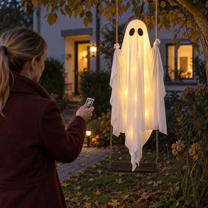 Geist auf Holzschaukel mit LED-Lichterkette als Halloween-Deko zum Aufhängen an Baum und Veranda – ca. 150 cm, 8 Modi, Timer, Fernbedienung