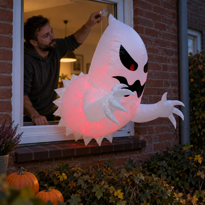 Aufblasbarer Halloween-Geist mit roter Beleuchtung für Fenster, Hof und Garten – ca. 1 × 1 m aufgeblasen, USB-Gebläse, 3 Saugnäpfe, faltbar