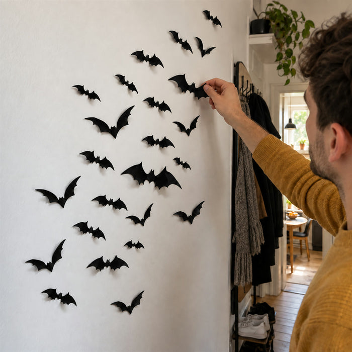 3D-Fledermäuse aus PVC als Halloween-Wandsticker für Wand, Fenster und Tür – 24, 60 oder 120 Stück, verschiedene Größen, Schwarz
