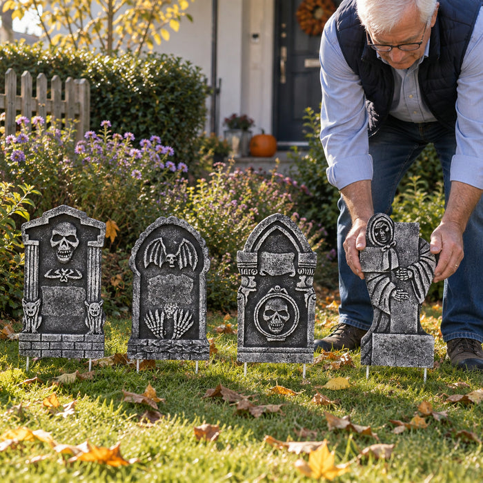 Grabsteine aus Hartschaum als Halloween-Gartendeko für Rasen, Vorgarten und Weg – 4er-Set, je ca. 35 cm hoch, 4 Designs, mit Erdspießen