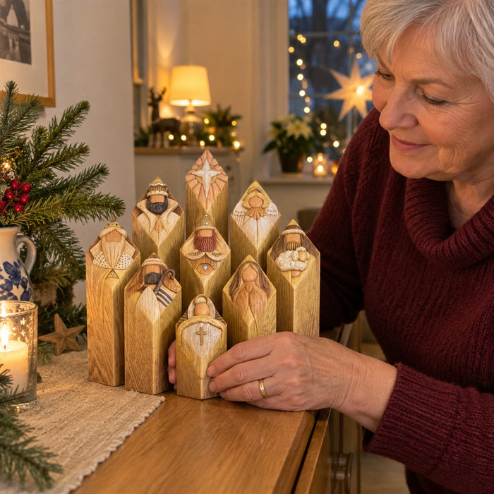 Krippenfiguren im Säulen-Stil als Weihnachtsdeko für Wohnzimmer, Flur und Eingang – 9-teilig, je 30 cm, Kunststoff und Polyresin
