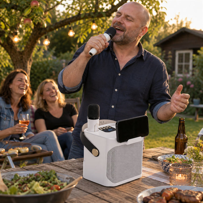 Tragbarer Karaoke-Bluetooth-Lautsprecher mit 360°-Klang für Party, Garten und Strand – 2 Mikrofone, Subwoofer, bis 8 h Akku, 2 Farben