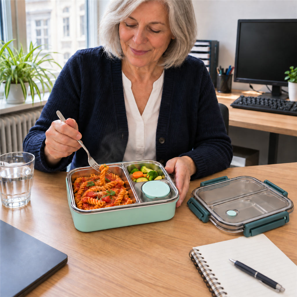 Bento-Lunchbox mit Edelstahleinsatz und Fächern für Büro, Schule und Ausflüge – Soßenbecher, Deckel mit 4 Klappverschlüssen, 3 Farben
