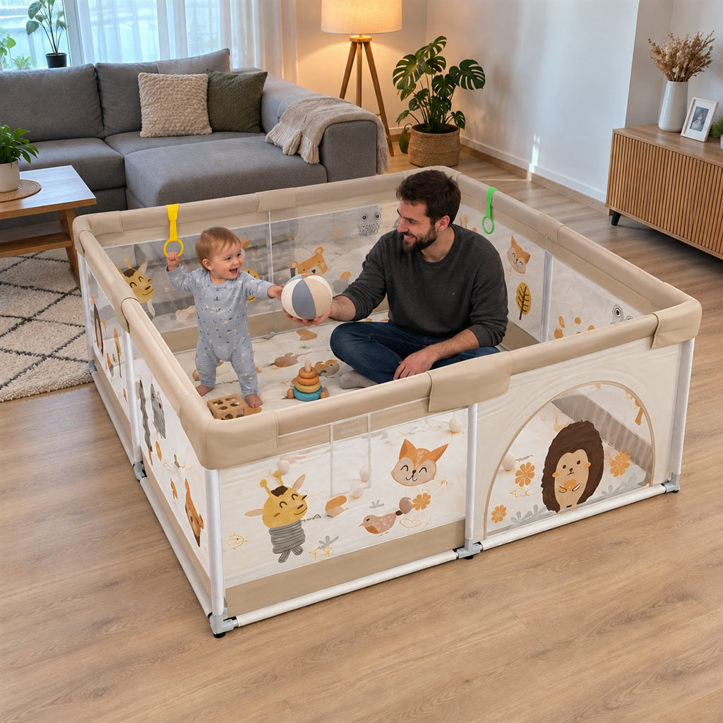 Großes Laufgitter mit Tiermotiven für Babys und Kleinkinder für Wohnzimmer und Garten – ca. 150 × 180 cm, weiche Wände, werkzeuglos