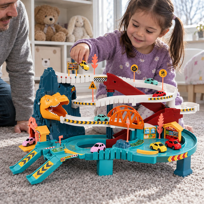 Dinosaurier-Autorennbahn für Kinder mit mehreren Ebenen zum Bauen und Spielen – 8 Autos, Tunnel und Parkplätze, ab 3 Jahren