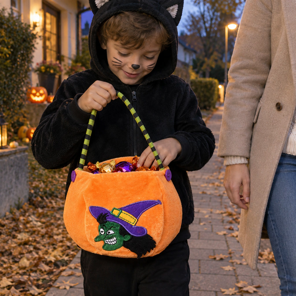Halloween-Tasche in Kürbisform für Kinder für Süßes-oder-Saures, Schulfest und Party – ca. 25 × 13 cm, Plüschstoff, Henkel, 4 Farben