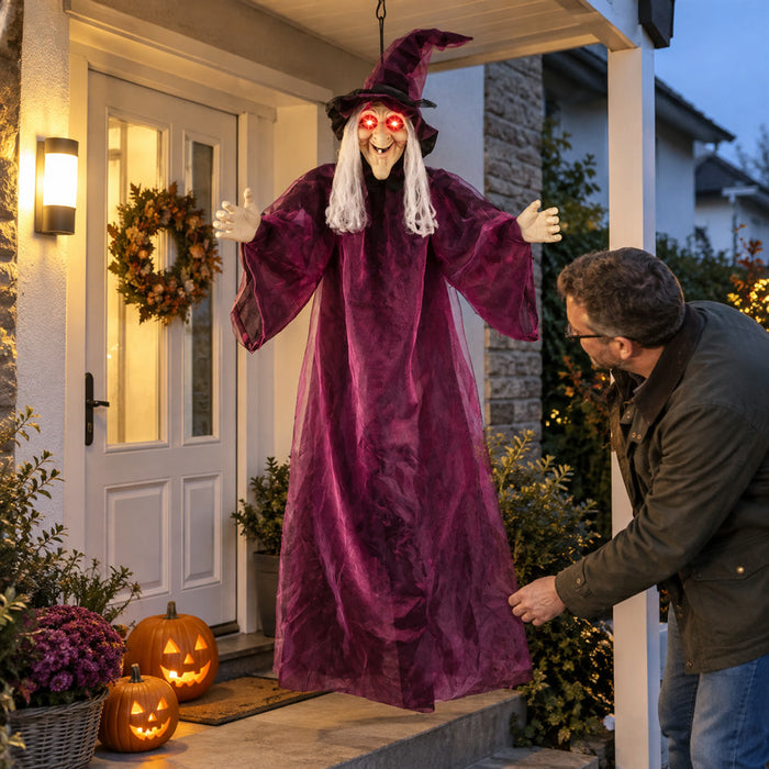 Lebensgroße Hängehexe mit Sound und leuchtenden Augen als Halloween-Deko für Zaun, Baum und Veranda – ca. 180 cm, Sensor, faltbar