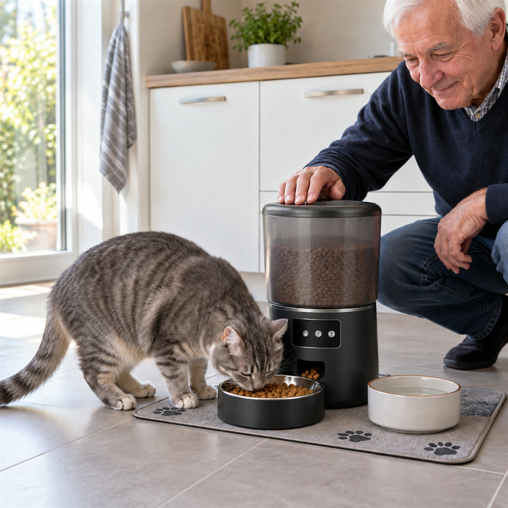 Automatischer Futterautomat für Katzen und Hunde mit App-Steuerung für Trockenfutter – ca. 4 l Vorrat, 1 bis 9 Portionen, Edelstahlnapf