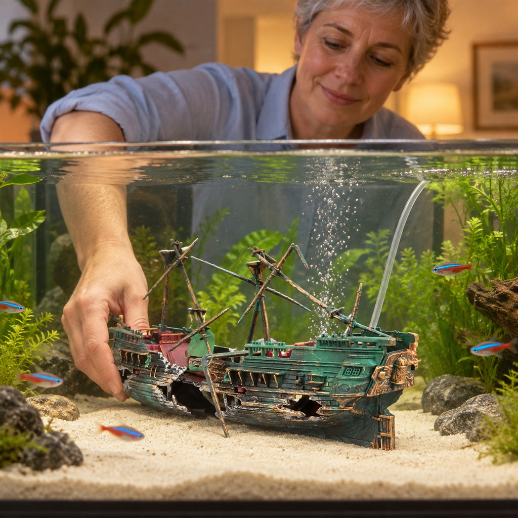 Aquarium-Deko als versunkenes Schiff mit Luftsprudler für das Aquarium und Fischbecken – 23,4 × 8,9 cm, Kunstharz, handbemalt