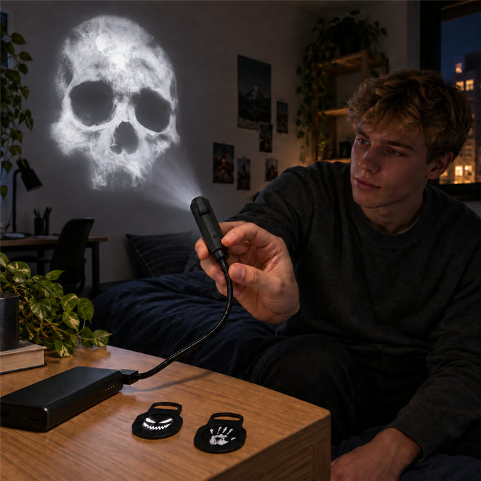 USB-Projektor mit biegsamem Hals und 3 Motivfolien für Halloween-Deko an Wand und Decke – Totenkopf, Fratze, Handabdruck, LED, 5 V, 3 W