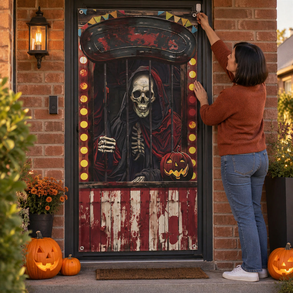 Halloween-Türbehang mit Horror-Zirkus-Motiv aus Polyester für Haustür, Wand und Fotohintergrund – ca. 180 × 90 cm, 4 Ösen, mit Seil
