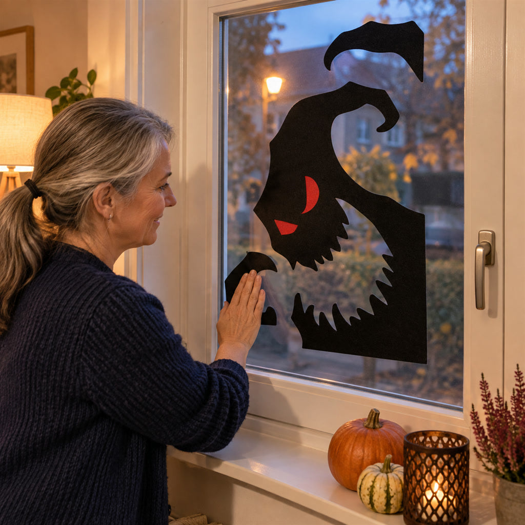 Halloween-Fensterdeko mit schwarzem Geist und roten Augen aus Vliesstoff für Fenster, Tür und Wand – ca. 49 × 66 cm, mehrteilig, 2 Motive