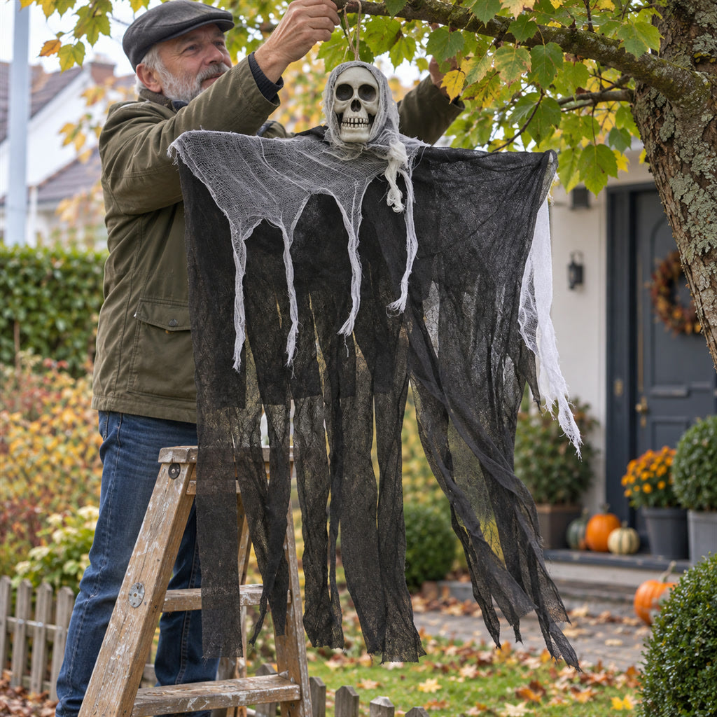 Hängender Halloween-Geist mit Totenkopf und zerrissenem Tuch für Baum, Veranda und Tür – wetterfest, bewegt sich im Wind, 3 Ausführungen