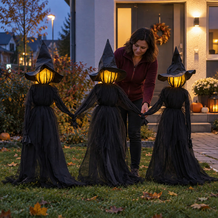 Hexenfiguren im 3er-Set mit Geräuschsensor und leuchtenden Köpfen als Halloween-Deko für Garten und Haus – Hand in Hand, wasserabweisend