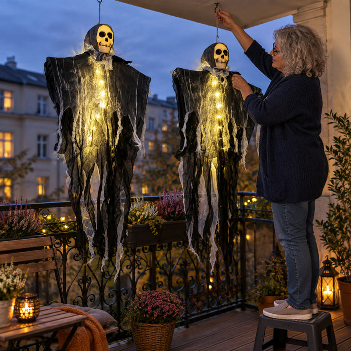 Leuchtende Hängefiguren mit Totenkopf und Stoffgewand als Halloween-Deko für Baum, Veranda und Party im 2er-Set – LED, Dämmerungsautomatik
