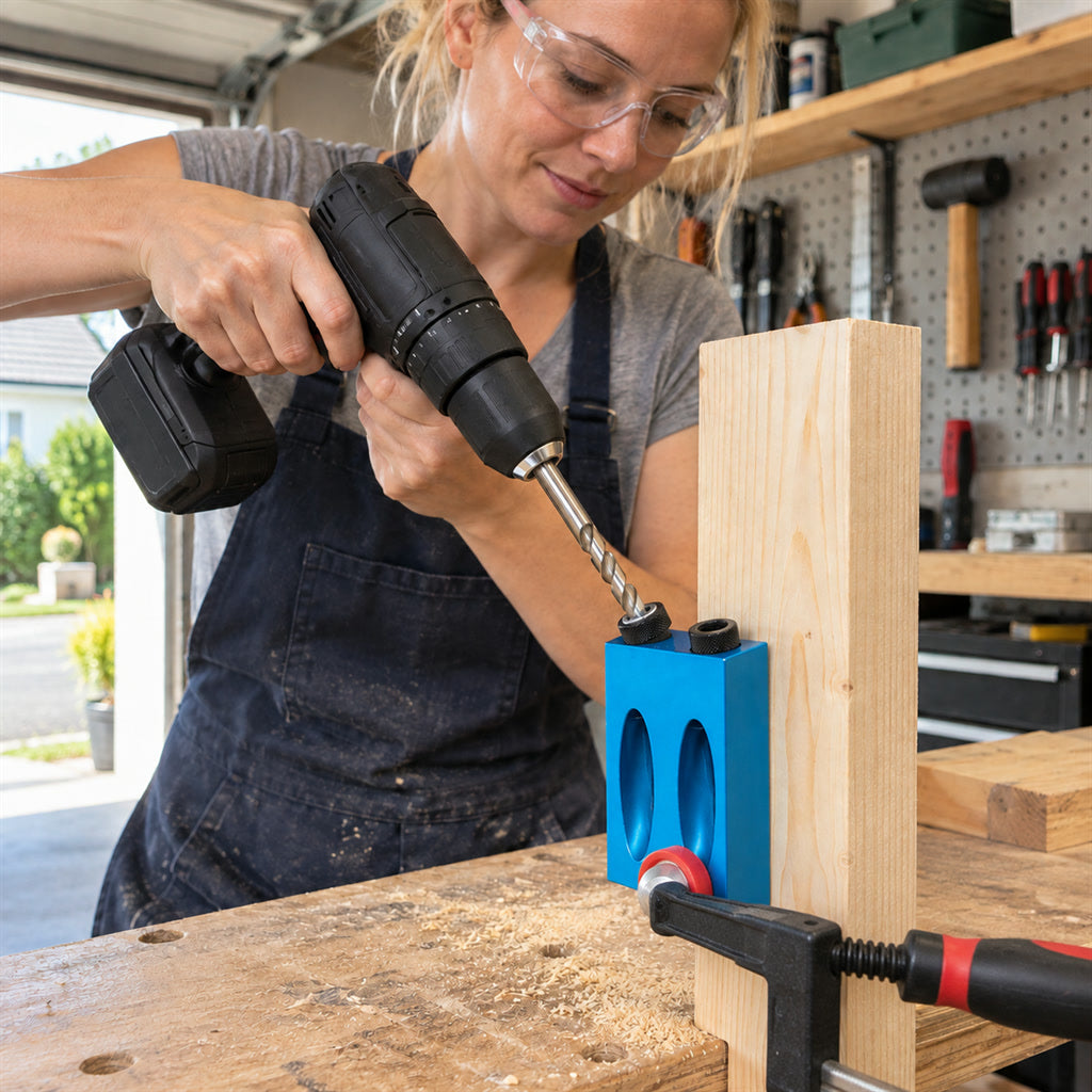Taschenloch-Bohrlehre für Holzverbindungen im Möbel- und Schrankbau – 15° Bohrwinkel, Bohrführungen für 6, 8 und 10 mm, robust