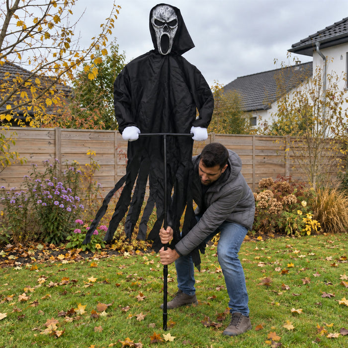 Schwebender Halloween-Geist mit Erdspieß für Garten, Beet und Terrasse – höhenverstellbar, Gruselmaske, Kunststoffhände, schwarzes Gewand
