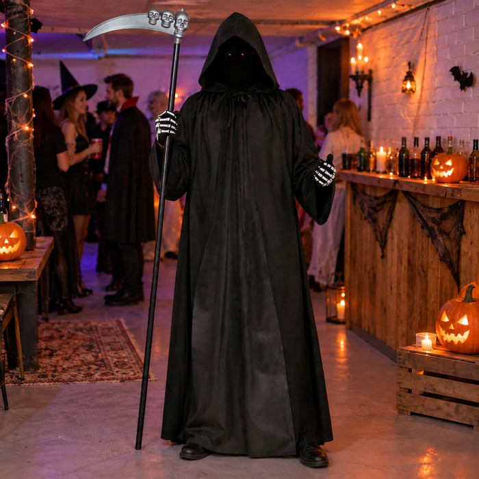 Sensenmann-Kostüm für Erwachsene mit Kapuzenrobe, Sense und Skeletthandschuhen für Halloween und Cosplay – leuchtende Augen, 3-teilige Sense