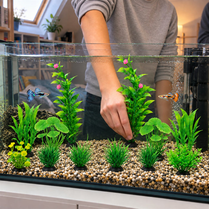 Künstliche Aquarienpflanzen im 10er-Set mit beschwertem Sockel für Süß- und Meerwasseraquarien – ca. 5,5 bis 25,5 cm, Weichkunststoff, Grün
