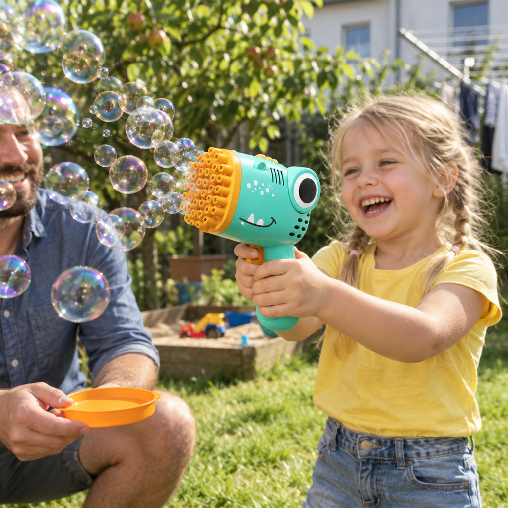 Seifenblasenpistole in Dinosaurier-Form für Kinder für Garten, Party und drinnen – 40 Öffnungen, Knopfdruck, Batteriebetrieb, Grün oder Rosa