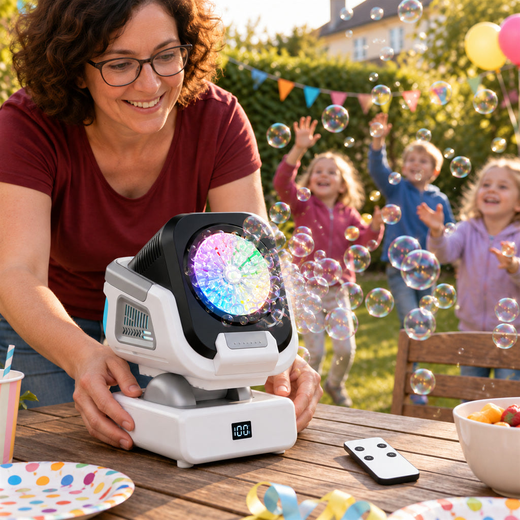 Seifenblasenmaschine mit Akku und LED-Licht für Party, Garten und Kindergeburtstag – über 30.000 Blasen pro Minute, 150° schwenkend, USB-C