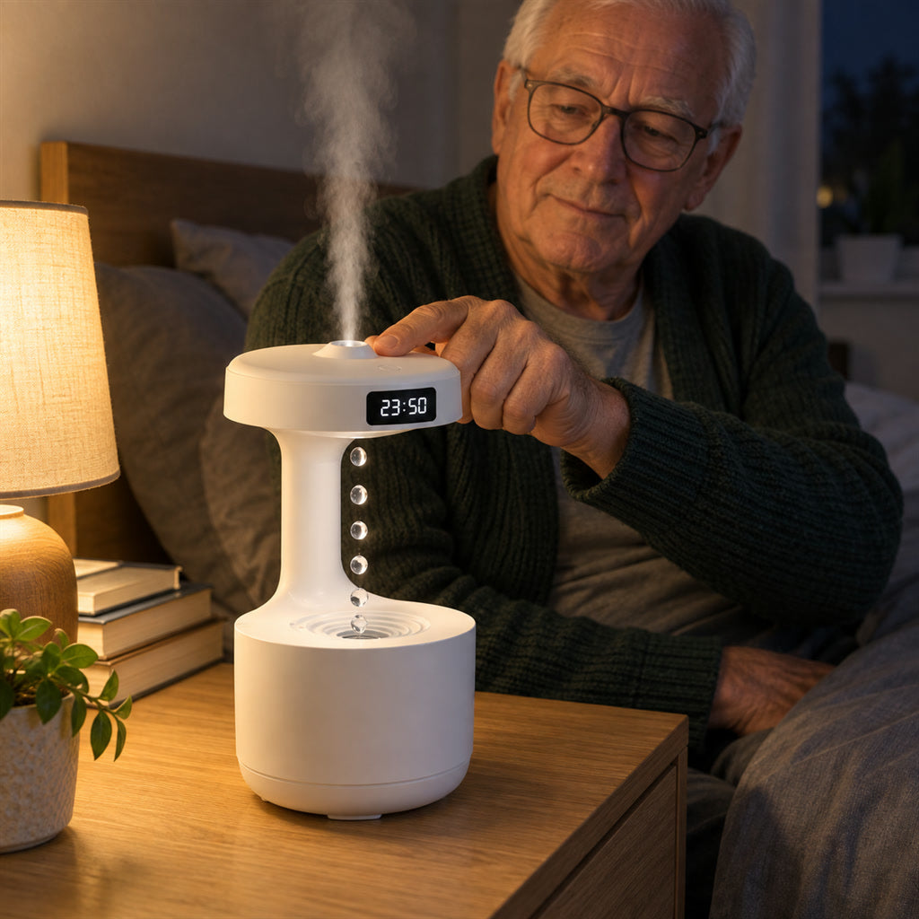 Kleiner Luftbefeuchter mit Wasserspiel-Effekt für Schlafzimmer, Büro und Wohnzimmer – ca. 800 ml Tank, bis 8 Std., leise unter 36 dB, USB-C