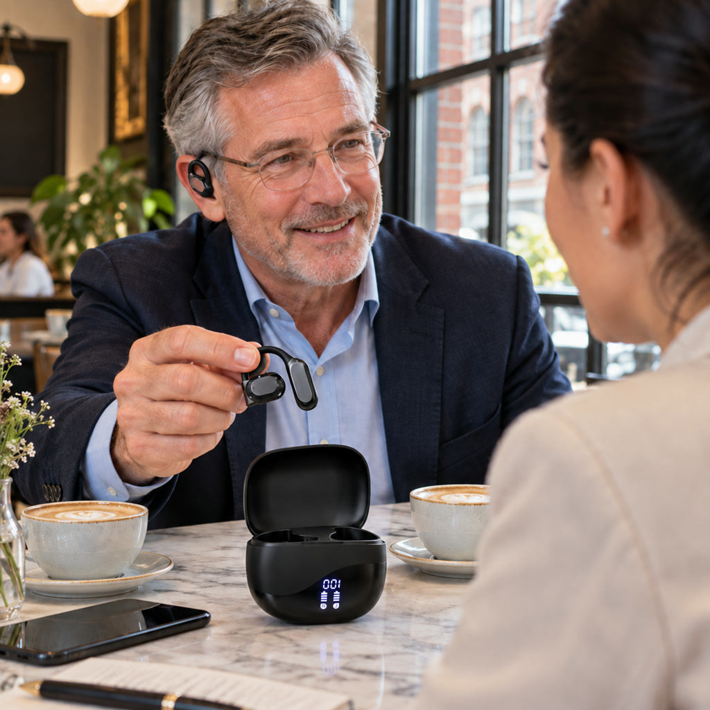 Übersetzer-Ohrhörer mit Bluetooth für Reisen, Geschäftstermine und Sprachenlernen – 144 Sprachen und Akzente, 3 Modi, Ladecase, Schwarz oder Gold