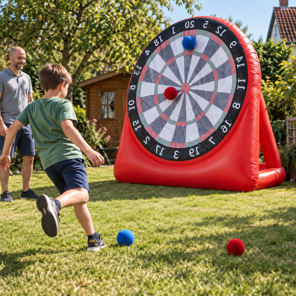 Aufblasbare Fußball-Dartscheibe für Garten, Party und Schulfest – ca. 2,1 m hoch, 4 Klettbälle, 350-W-Gebläse, Erdanker, Tragetasche
