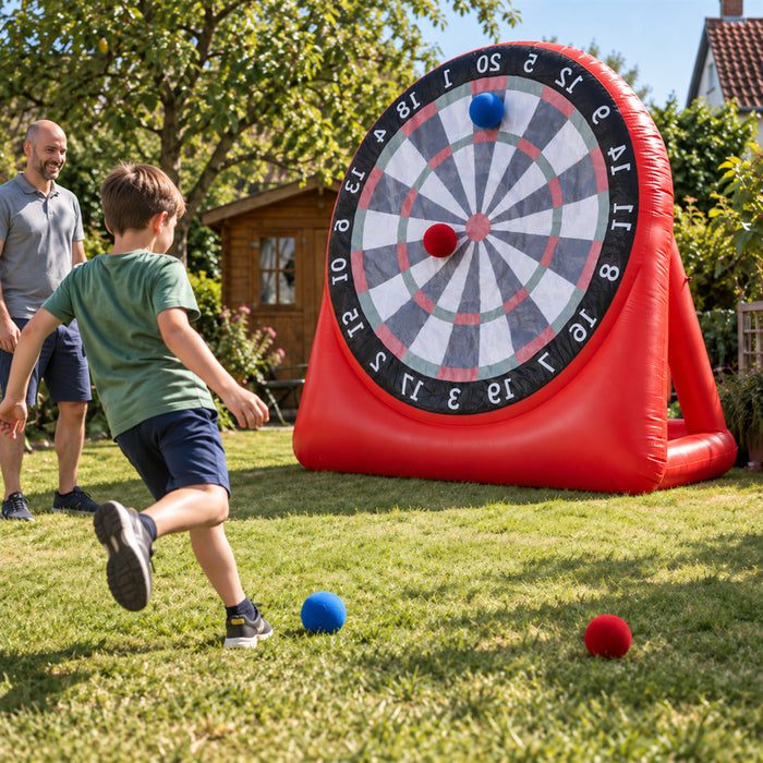 Aufblasbare Fußball-Dartscheibe für Garten, Party und Schulfest – ca. 2,1 m hoch, 4 Klettbälle, 350-W-Gebläse, Erdanker, Tragetasche