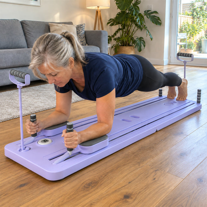 Tragbares Pilates-Board mit Widerstandsbändern für das Training zu Hause – bis ca. 136 kg belastbar, Timer, Handyhalter, faltbar, in 3 Farben