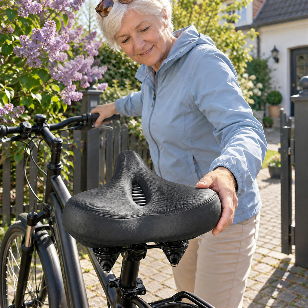 Gepolsterter Fahrradsattel mit Memory-Schaum und Federung für lange Touren und Alltag – wasserfest, Belüftungskanäle, Reflektoren, Haltegriff