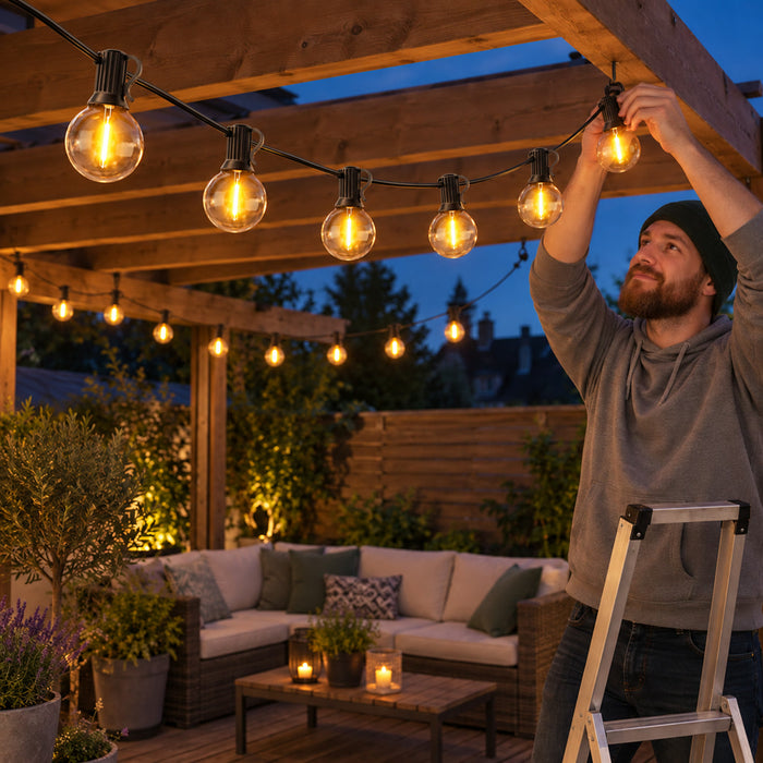 LED-Lichterkette mit Glühbirnen für Garten, Terrasse und Balkon – 9 oder 14 m, 15 oder 25 bruchfeste Birnen, IP44, dimmbar, erweiterbar