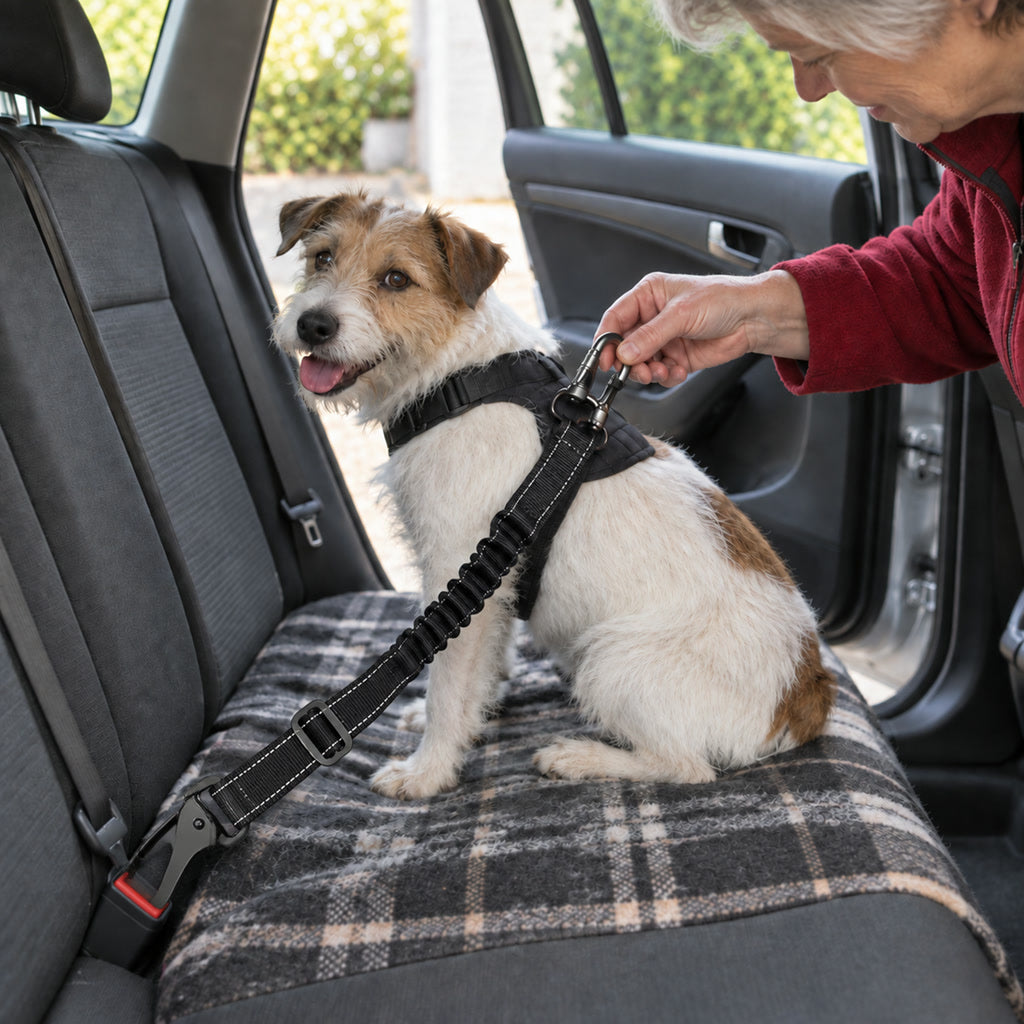 Hunde-Sicherheitsgurt für das Auto mit Ruckdämpfer und Karabiner für Gurtschloss oder Isofix – verstellbare Länge, 360° drehbar, Nylon