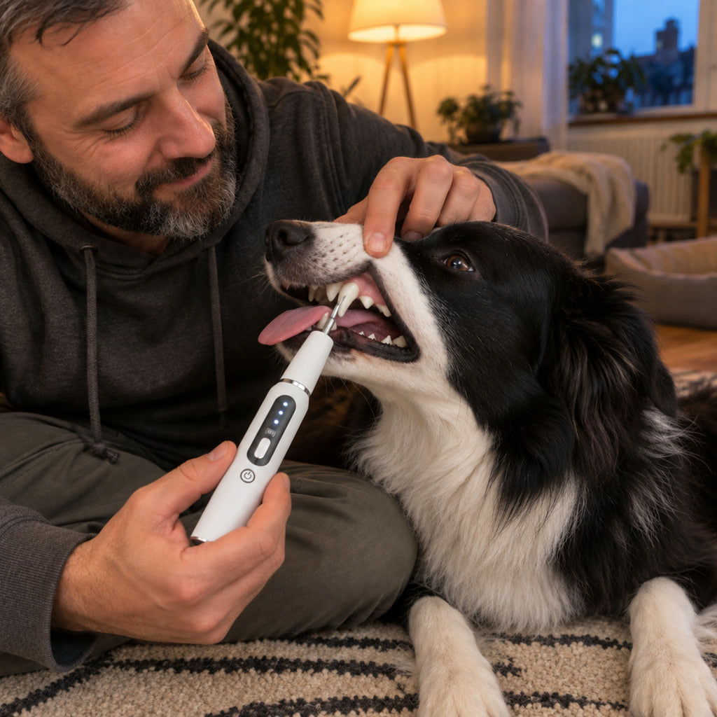 Ultraschall-Zahnreinigungsgerät für Hunde und Katzen mit LED-Licht für die Zahnpflege zu Hause – 32 bis 40 kHz, Akku, 10-Min.-Abschaltung