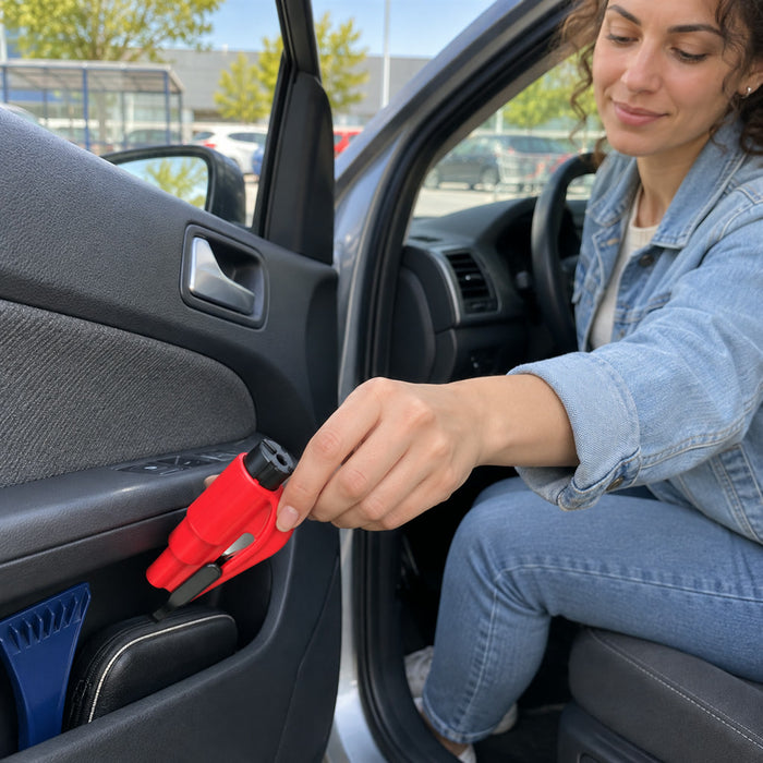 2-in-1-Notfallwerkzeug mit Scheibenbrecher und Gurtschneider für Handschuhfach, Mittelkonsole und Türfach – kompakt, leicht, 4 Farben