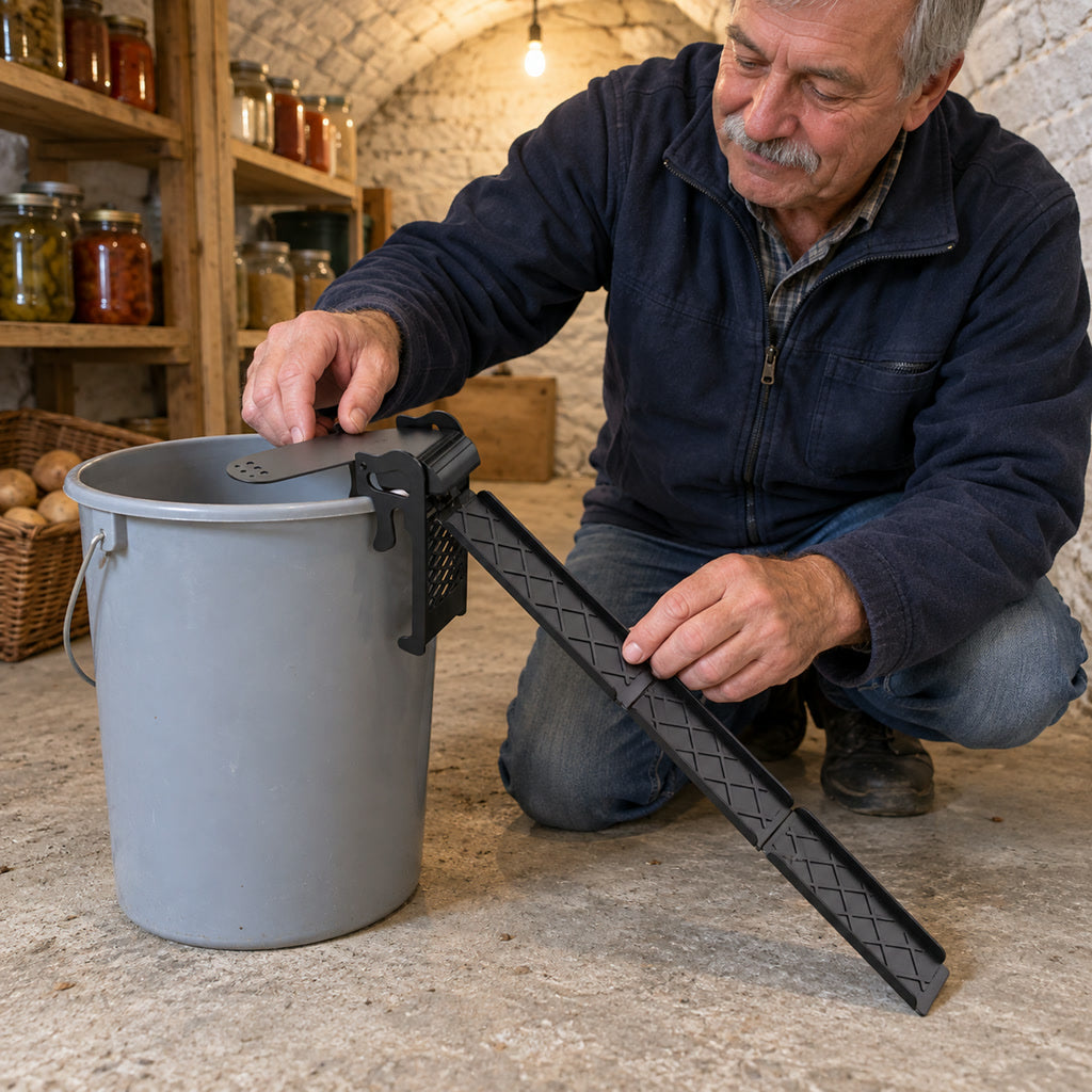 Wippen-Mausefalle aus Kunststoff für Eimer im Keller, Lager und Garten – mit Leiter, automatische Rückstellung, wiederverwendbar