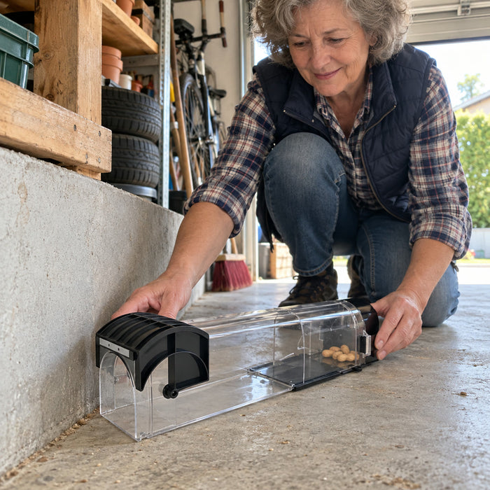 Selbstschließende Mausefalle aus transparentem ABS mit Metalltür für Küche, Keller und Garage – ca. 32 × 9,5 × 6 cm, belüftet, Lebendfang