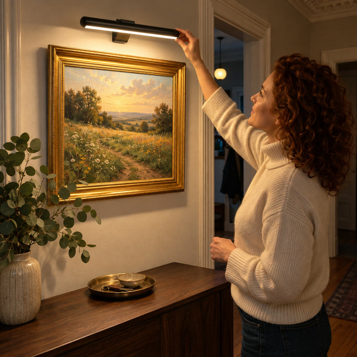 Kabellose LED-Bilderleuchte mit Akku für Gemälde, Fotos und Wanddeko – 360° drehbarer Kopf, stufenlos dimmbar, USB-Laden, 3 Farben