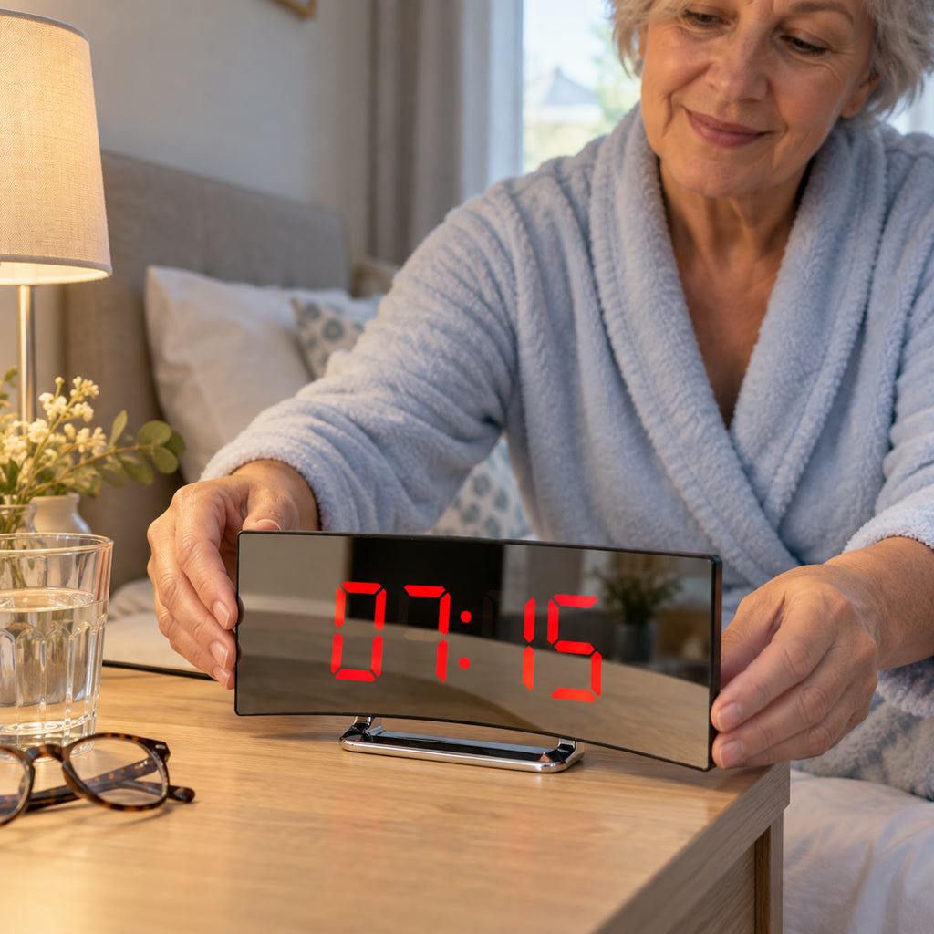Digitaluhr mit gebogener Spiegelfront und LED-Anzeige für Nachttisch, Schreibtisch und Regal – Weckfunktion, dimmbar, USB, ca. 21 × 9 × 4 cm