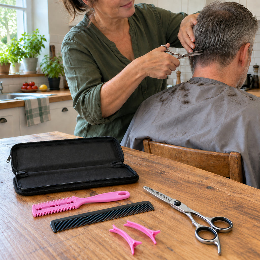 Haarschneideset aus Edelstahl mit Haarschere und Effilierschere für Haarschnitt zu Hause und im Salon – 7-teilig, Kämme, Clips, Etui