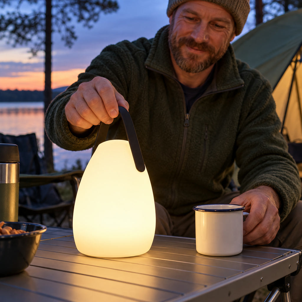 Kabellose LED-Tischleuchte mit Akku und Tragegriff für Wohnzimmer, Terrasse und Camping – wassergeschützt, dimmbar, Fernbedienung, 4 Modelle
