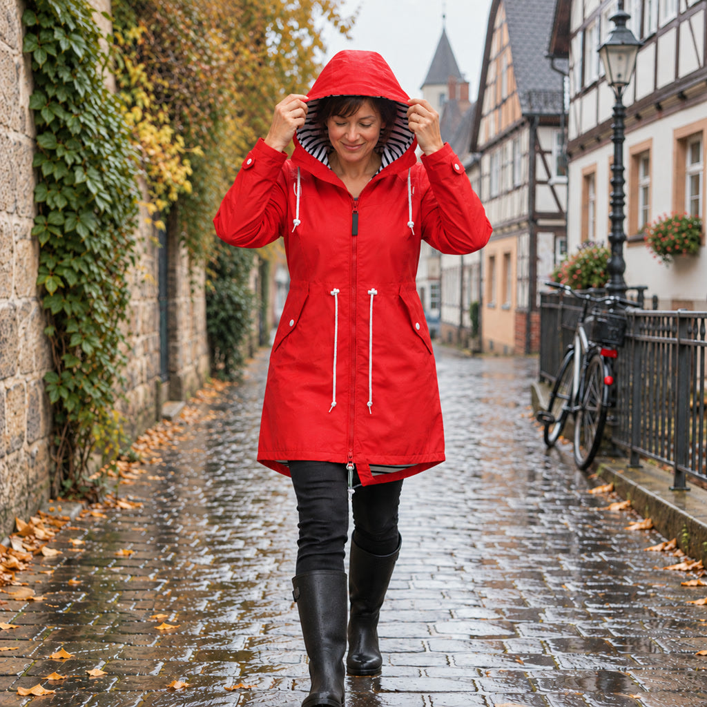 Lange Regenjacke für Damen mit verstellbarer Kapuze für Alltag und Freizeit – wasserdicht, atmungsaktiv, tailliert, S bis 3XL, 6 Farben