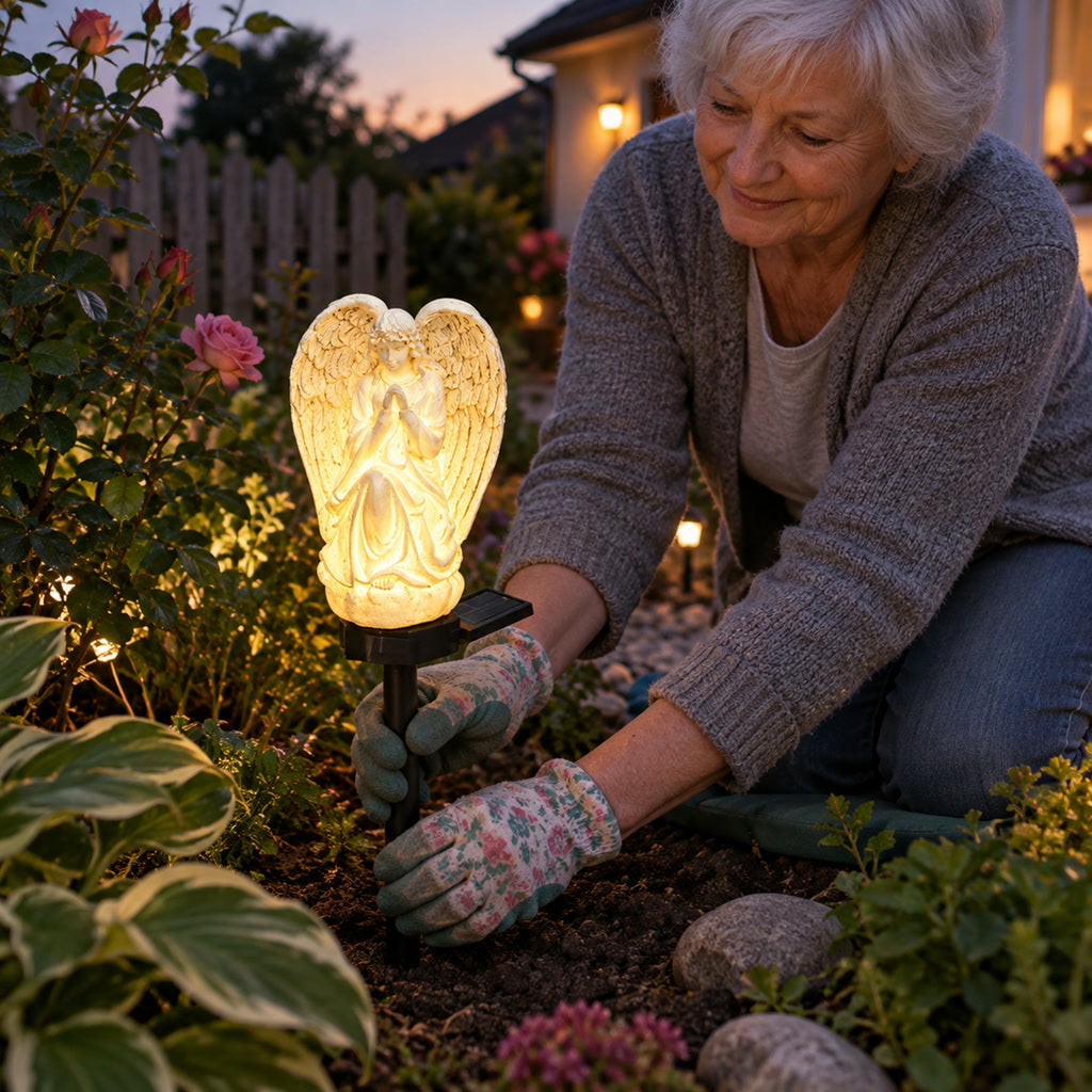 Solar-Gartenleuchte als Engelsfigur mit Erdspieß für Gartenweg, Beet und Gedenkstätte – ca. 45 × 11 × 8 cm, IP44, Dämmerungssensor, warmes Licht