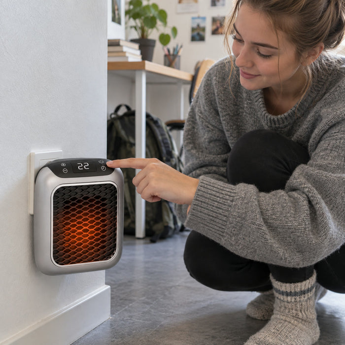 Kompakter Steckdosen-Heizlüfter mit Keramik-Heizelement für Schlafzimmer und Büro – 800 W, LED-Display, Thermostat 16–33 °C, 12-h-Timer, 3 Farben