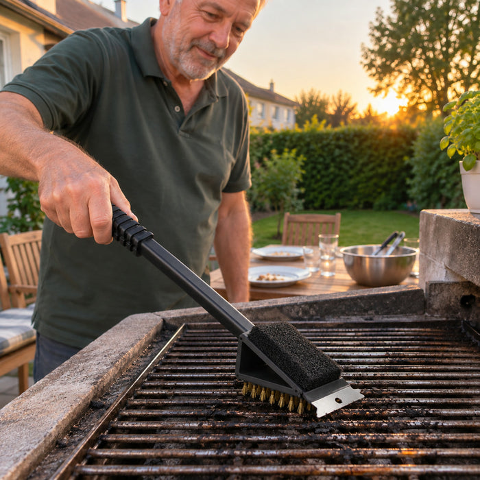 3-in-1-Grillbürste mit Kupferdrahtborsten, Schwamm und Edelstahlschaber für Gartengrill und Backofen – ca. 36 cm lang, geriffelter Griff, Schwarz
